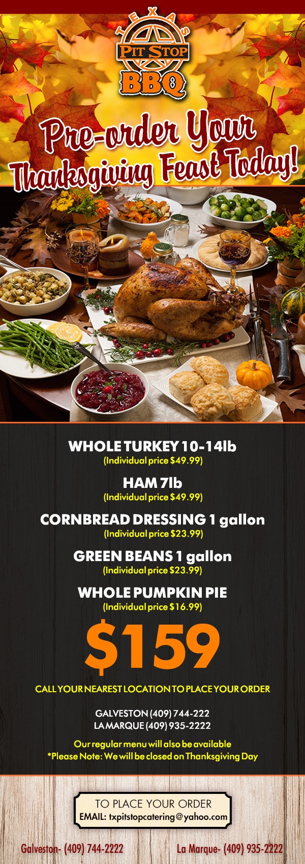 Thanksgiving feast promotional email design featuring Texas Pit Stop BBQ logo, whole turkey, ham, cornbread dressing, green beans, pumpkin pie, and festive autumn decor with pre-order details.
