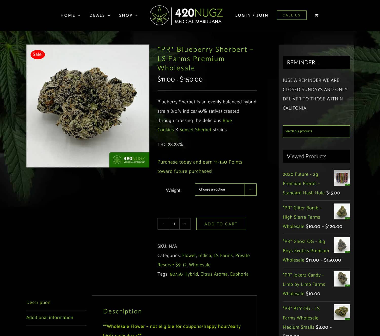 Premium Blueberry Sherbert cannabis strain displayed on a dark background, featuring details like price, THC content, and product description for the 420Nugz web design portfolio.