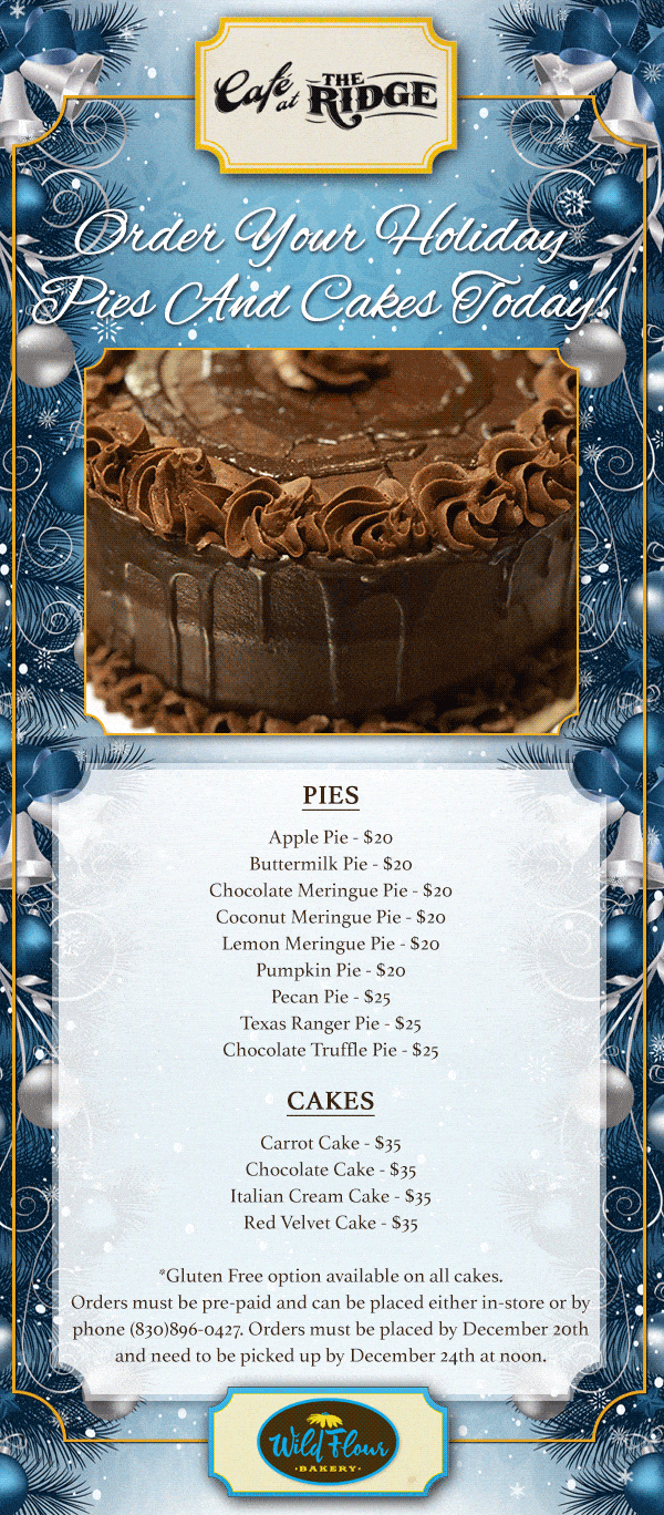 Order form for holiday pies and cakes from Cafe at the Ridge, featuring a chocolate cake, prices listed for various pies and cakes, festive design elements.