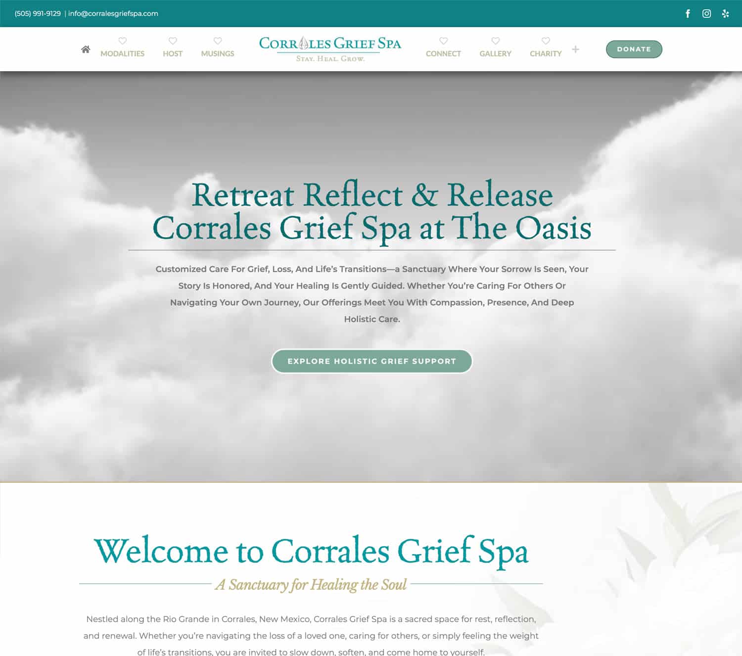 Website design for Corrales Grief Spa, featuring serene imagery and text emphasizing holistic grief support and healing services.