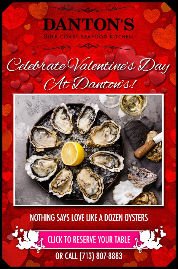 Valentine's Day promotion for Danton's Gulf Coast Seafood Kitchen featuring a platter of oysters with a lemon, surrounded by romantic heart graphics and a call to action for table reservations.