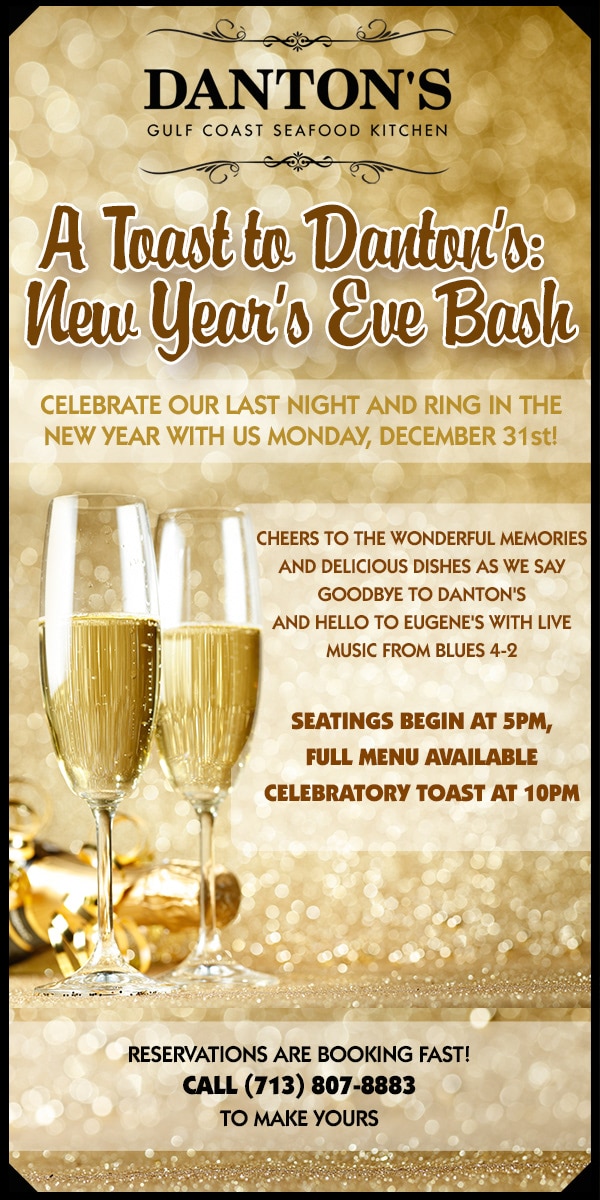 Danton's New Year's Eve Bash promotional flyer featuring champagne glasses, event details, and celebratory themes for the Gulf Coast Seafood Kitchen.