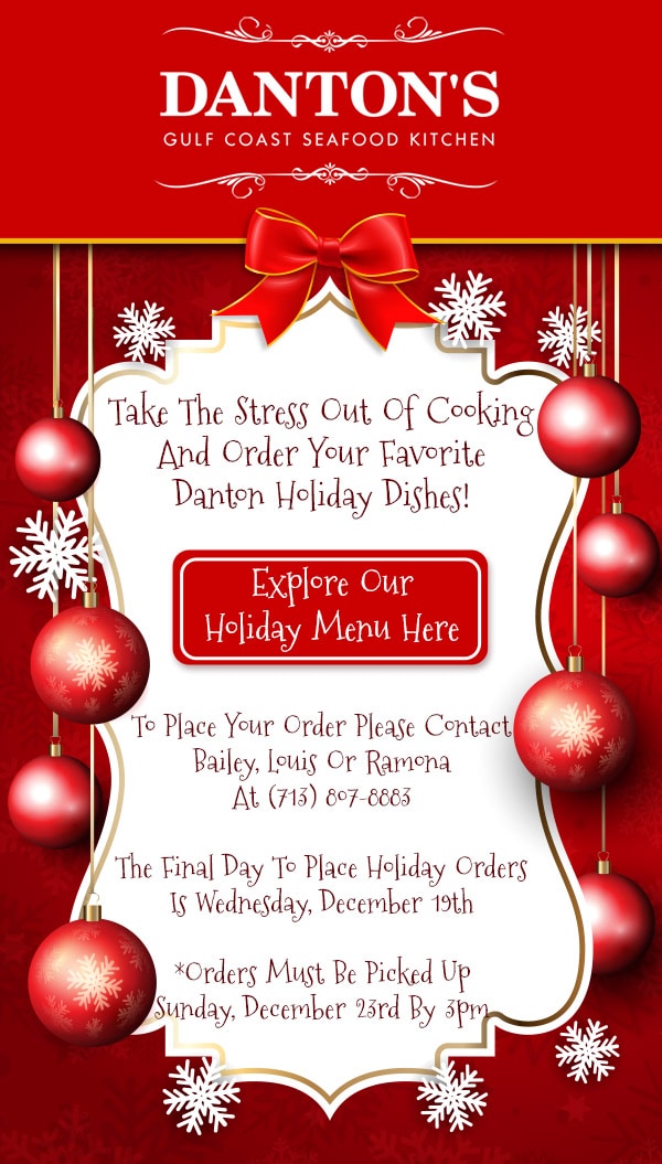 Danton's Gulf Coast Seafood Kitchen holiday menu advertisement featuring festive design elements like red background, decorative ornaments, and snowflakes, promoting holiday dish orders and contact information.
