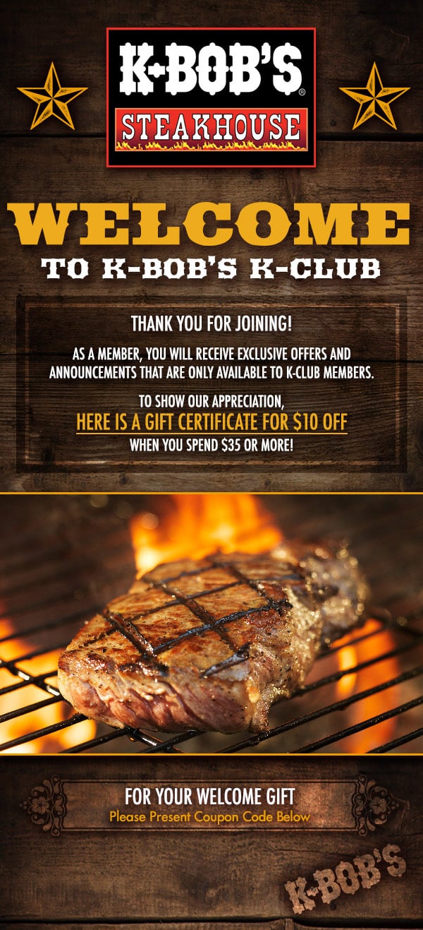 K-Bob's Steakhouse promotional graphic featuring a grilled steak with flames, welcoming K-Club members and offering a $10 discount certificate for spending $35 or more.