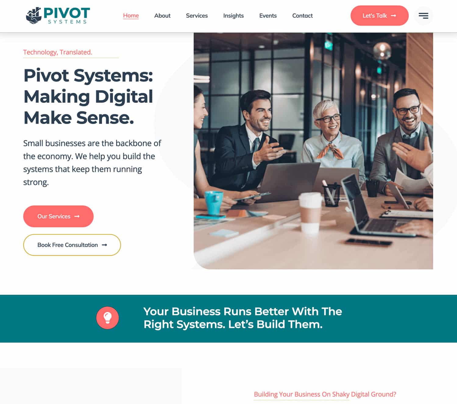 Group of professionals engaged in a collaborative meeting, discussing strategies with laptops and documents on a table, representing digital marketing and web design solutions for small businesses.