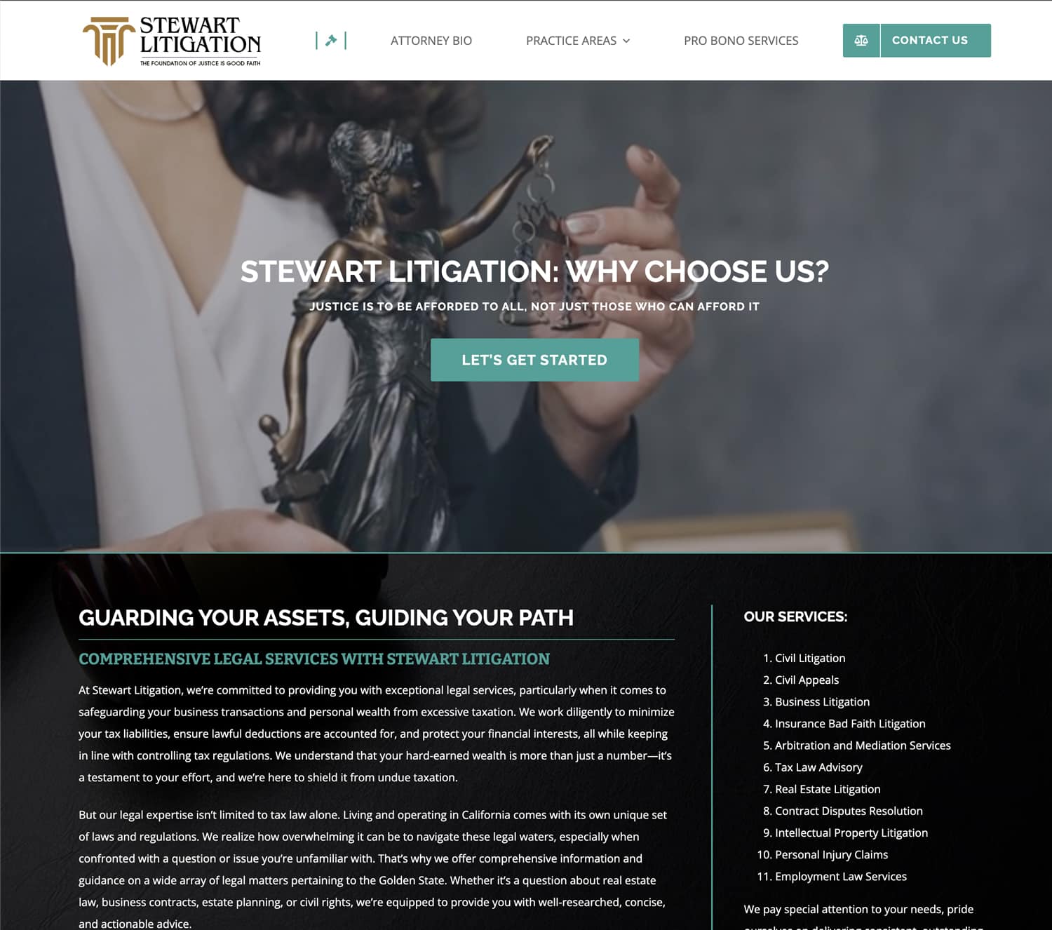 Statue of Lady Justice held by a person in a suit, symbolizing legal services and justice, relevant to Stewart Litigation's commitment to accessible legal representation.