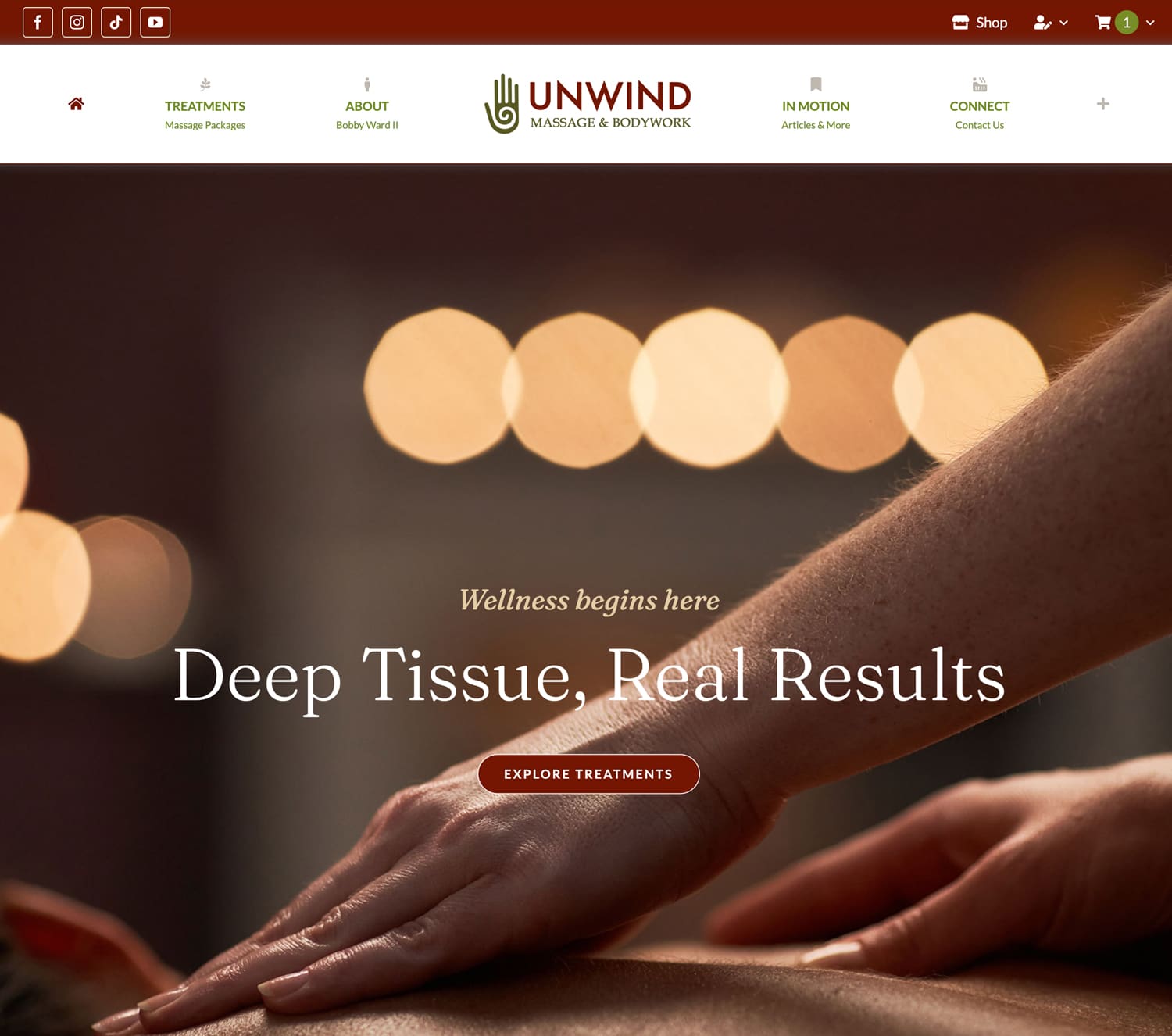 Massage therapy hand on back with soft lighting and text promoting deep tissue treatments, emphasizing wellness and results for a modern massage and bodywork website.