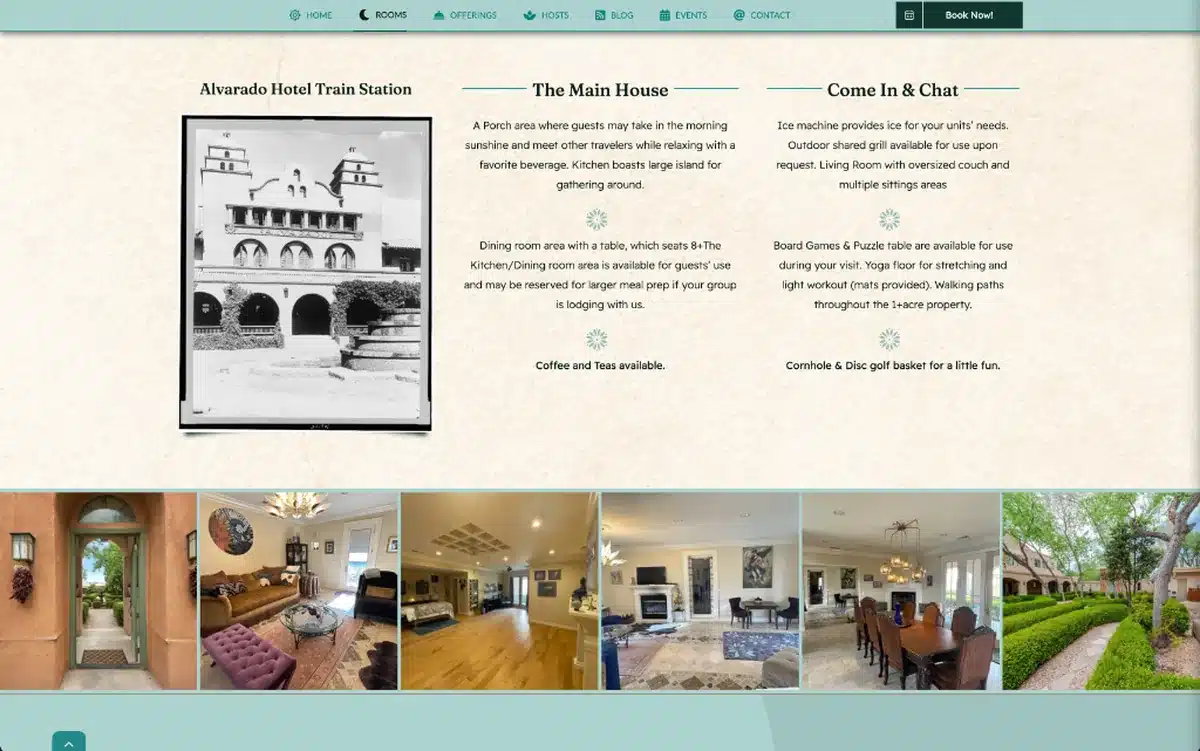 Santuario Grande rooms page showing Main House amenities and interior photo gallery