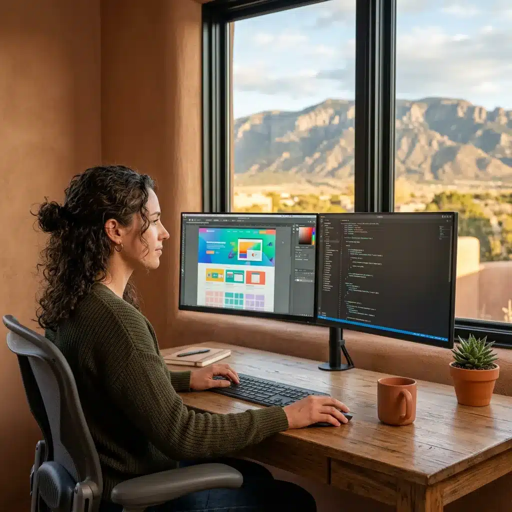 Web designer working at a dual monitor setup in an Albuquerque home office with Sandia Mountain views